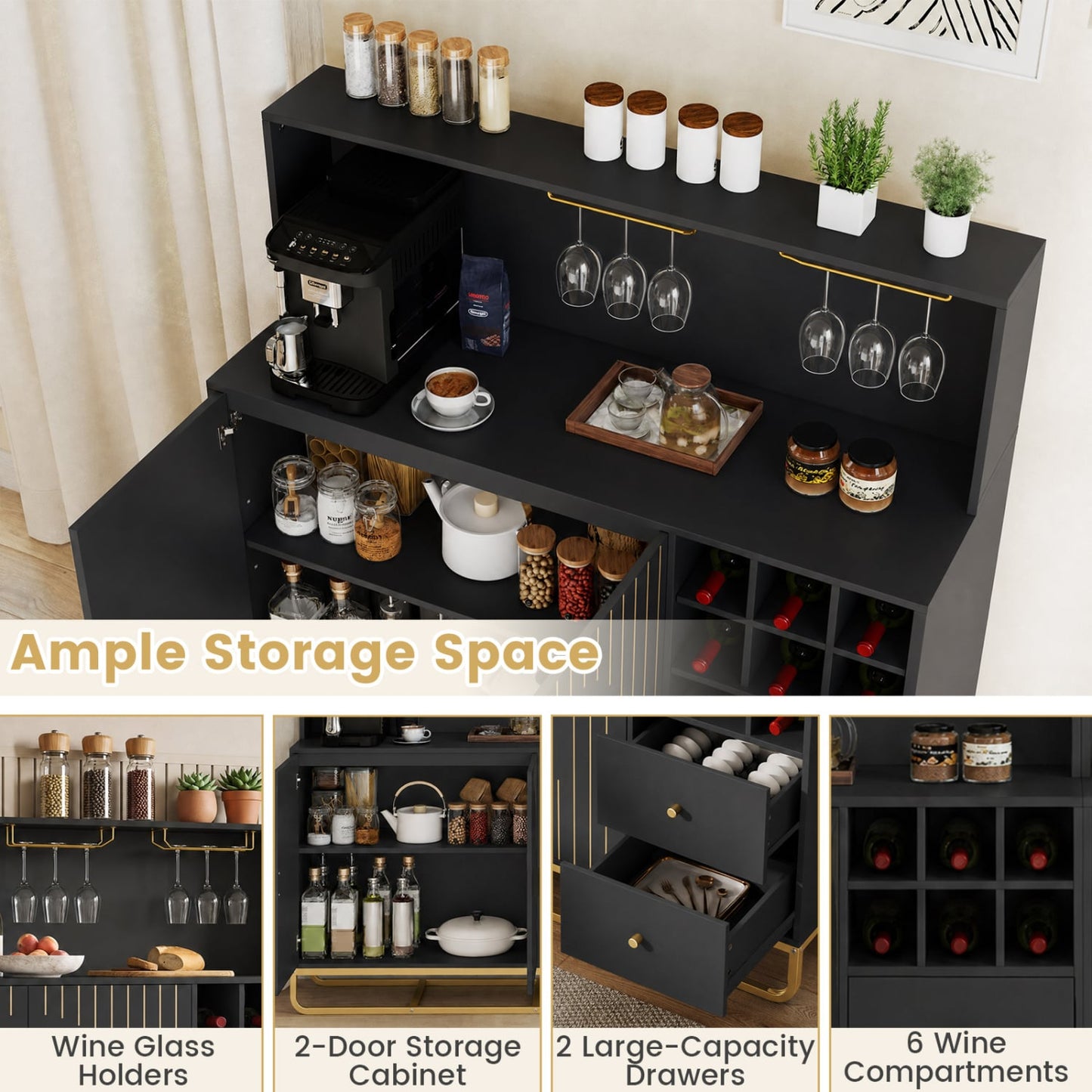 Armoire de bar à domicile avec porte-bouteilles de vin, porte-verres, noir