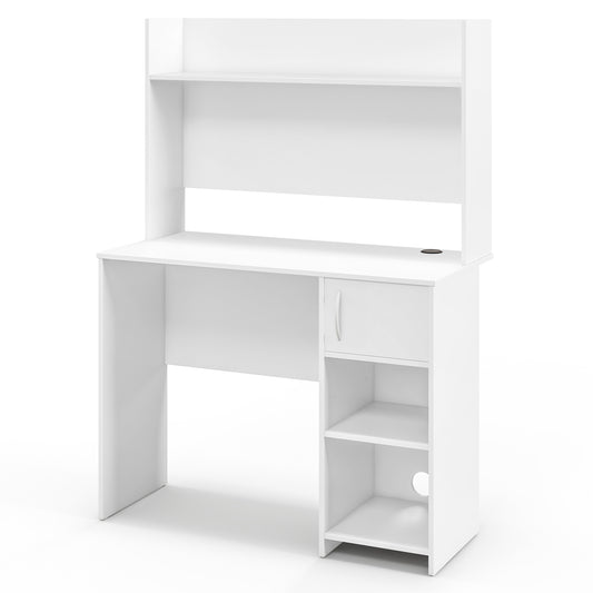 Home Office Desk with Raised Display Shelf and 2 Open Shelves, White Computer Desks White at Gallery Canada