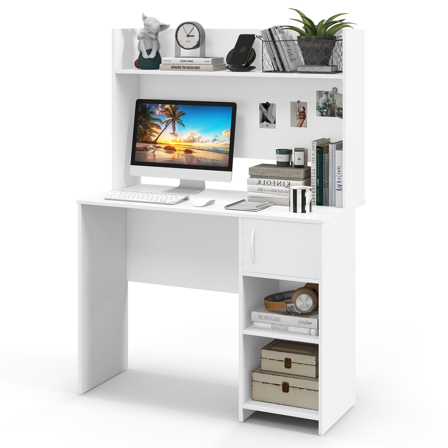 Home Office Desk with Raised Display Shelf and 2 Open Shelves, White Computer Desks at Gallery Canada