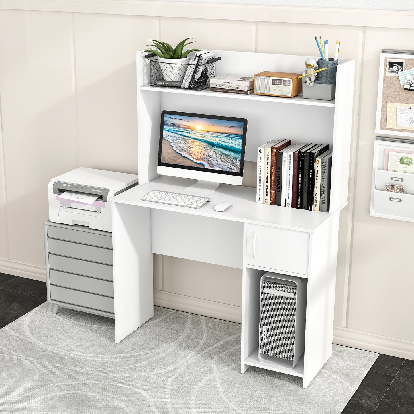 Home Office Desk with Raised Display Shelf and 2 Open Shelves, White Computer Desks at Gallery Canada