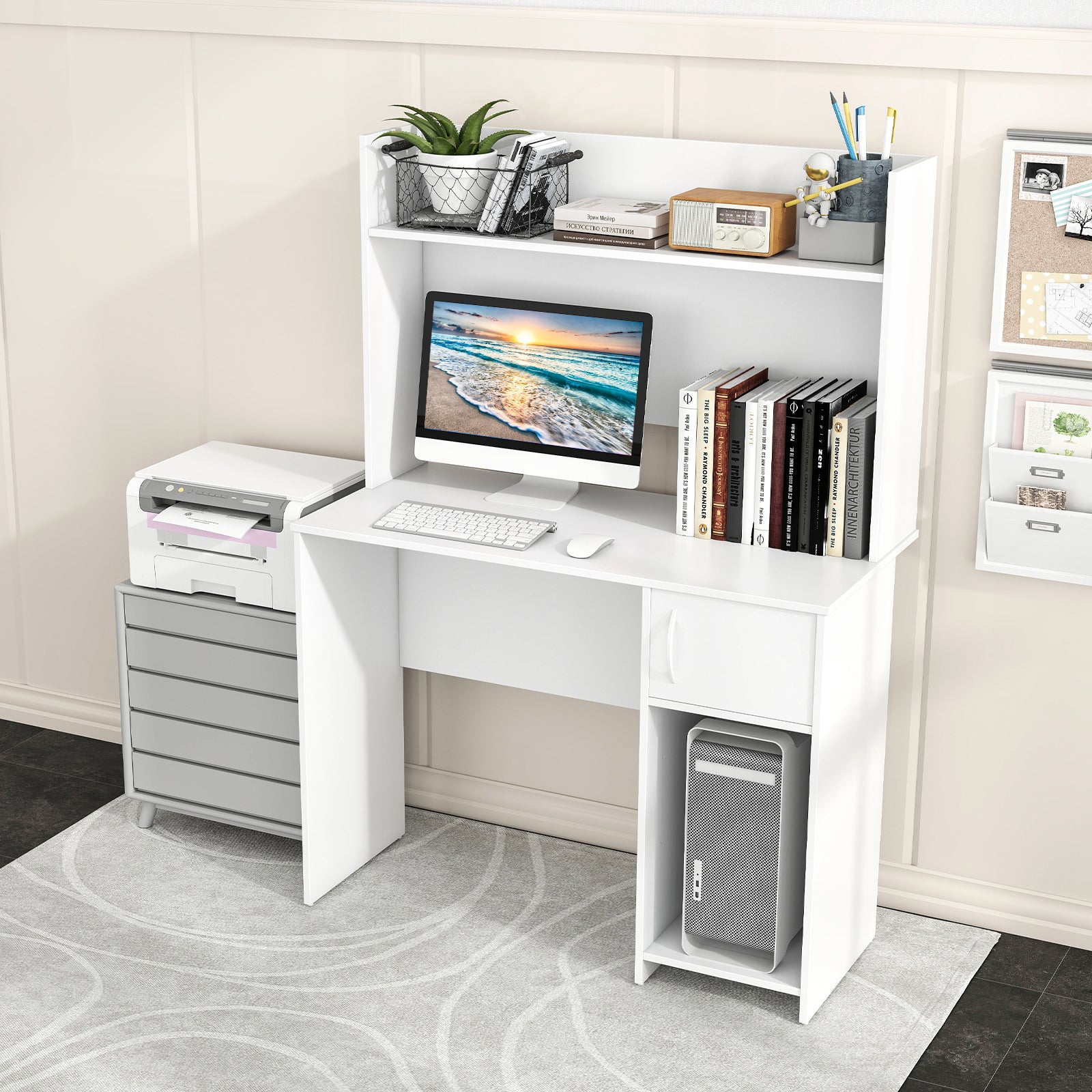 Home Office Desk with Raised Display Shelf and 2 Open Shelves, White Computer Desks at Gallery Canada