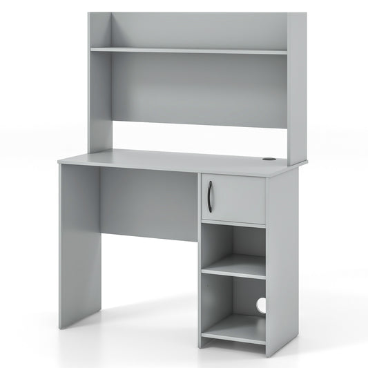 Home Office Desk with Raised Display Shelf and 2 Open Shelves, Gray Office Desks Gray at Gallery Canada