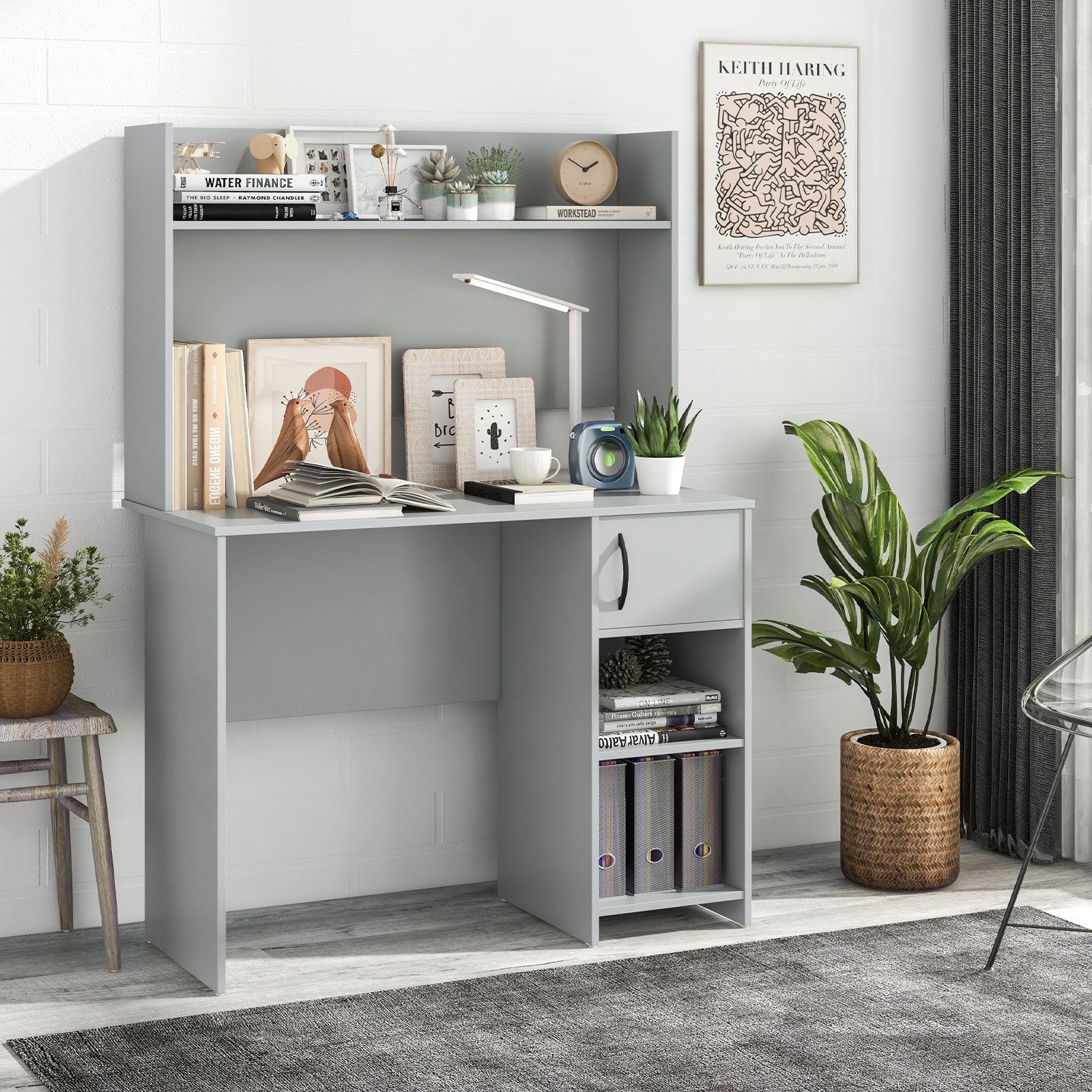 Home Office Desk with Raised Display Shelf and 2 Open Shelves, Gray Office Desks at Gallery Canada
