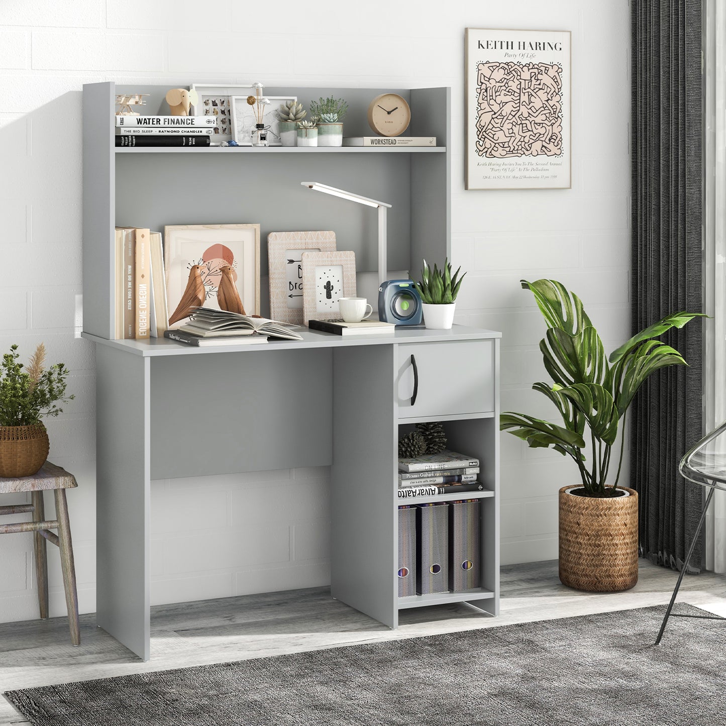 Home Office Desk with Raised Display Shelf and 2 Open Shelves, Gray Office Desks at Gallery Canada
