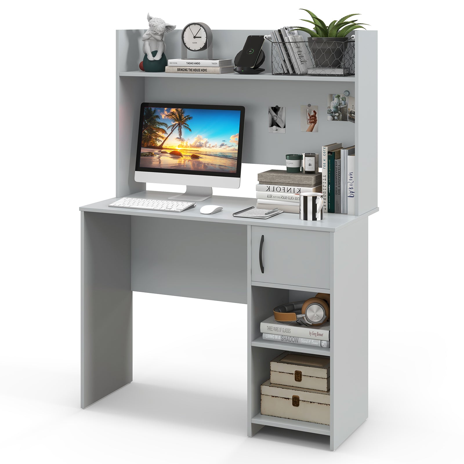 Home Office Desk with Raised Display Shelf and 2 Open Shelves, Gray Office Desks at Gallery Canada