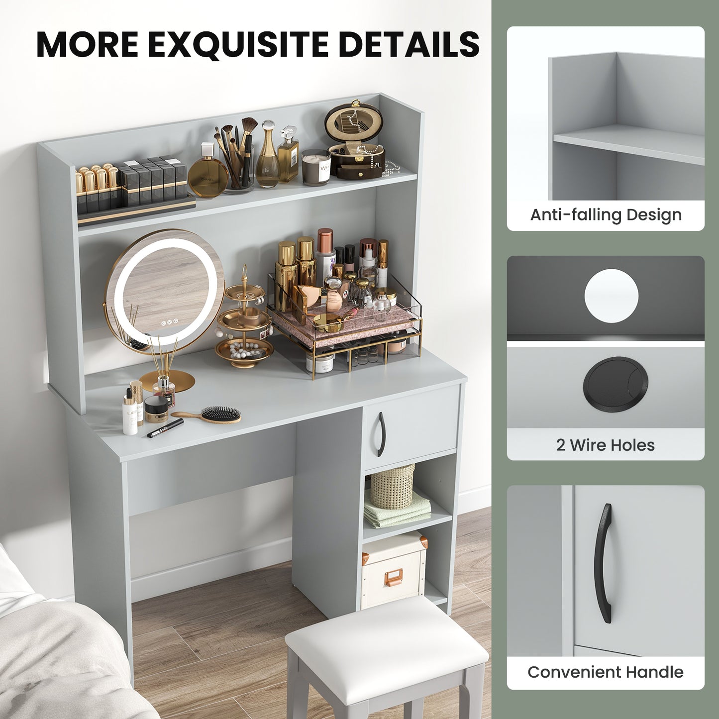 Home Office Desk with Raised Display Shelf and 2 Open Shelves, Gray Office Desks at Gallery Canada