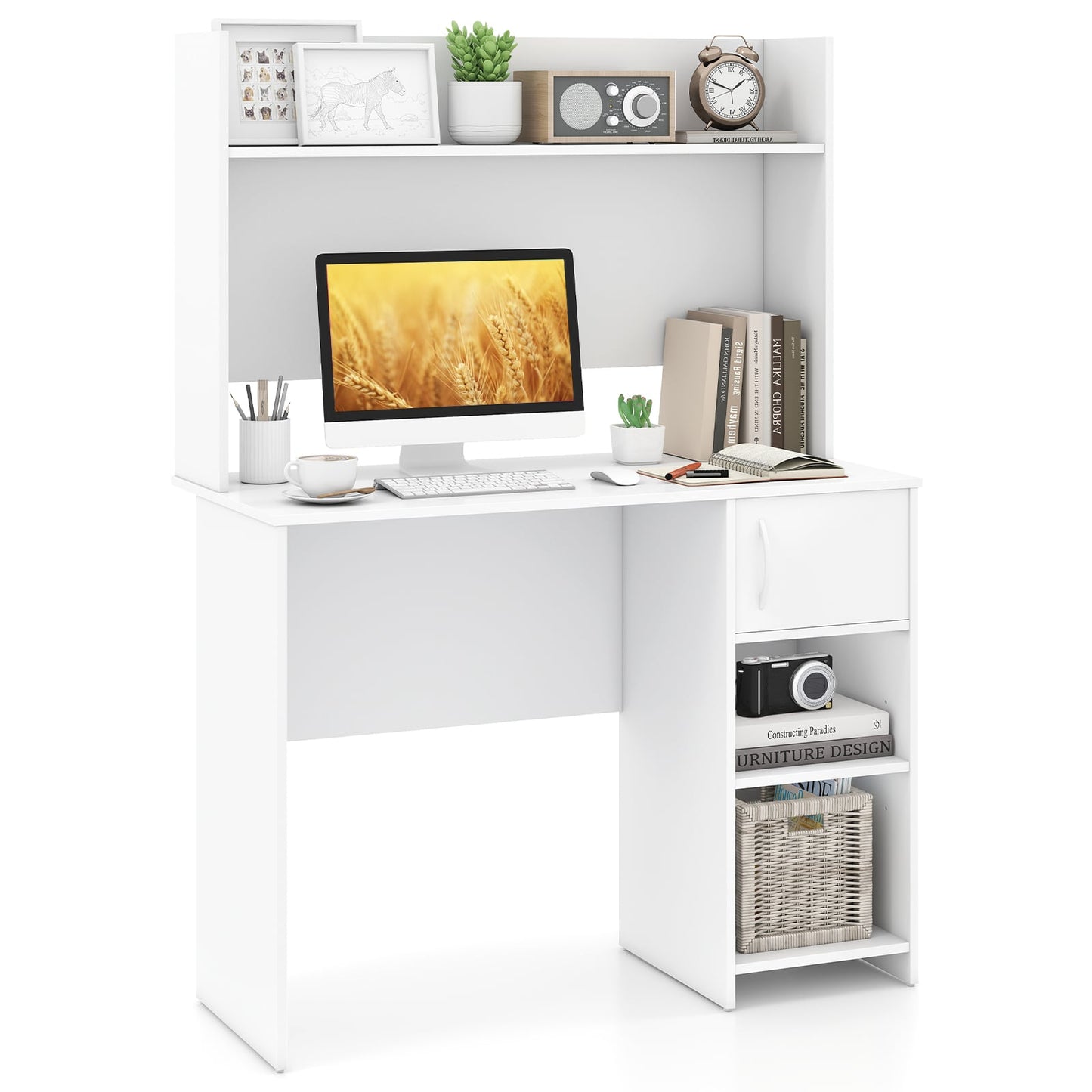 Home Office Desk With Display Shelf, 2 Open Shelves, White Computer Desks at Gallery Canada