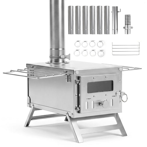 Portable Wood Burning Stove, 7 Chimney Pipes, Spark Arrestor, Silver