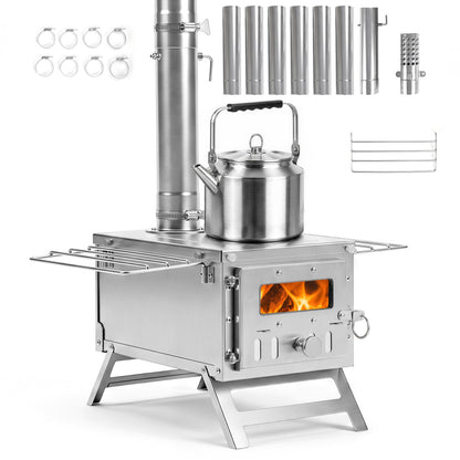 Portable Wood Burning Stove, 7 Chimney Pipes, Spark Arrestor, Silver
