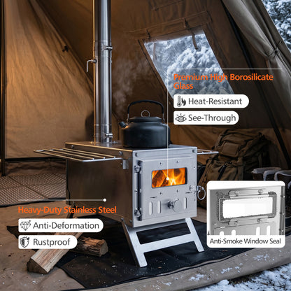 Portable Wood Burning Stove, 7 Chimney Pipes, Spark Arrestor, Silver