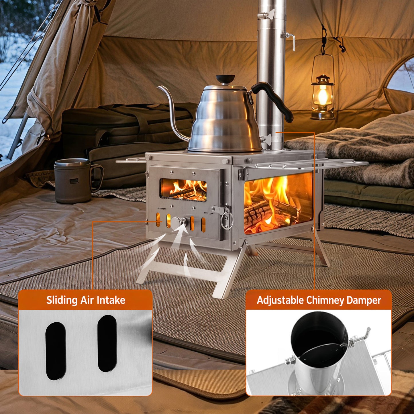 Portable Wood Burning Stove, 7 Chimney Pipes, Spark Arrestor, Silver