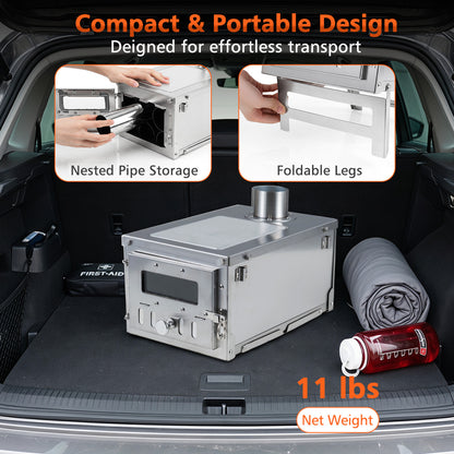 Portable Wood Burning Stove, 7 Chimney Pipes, Spark Arrestor, Silver