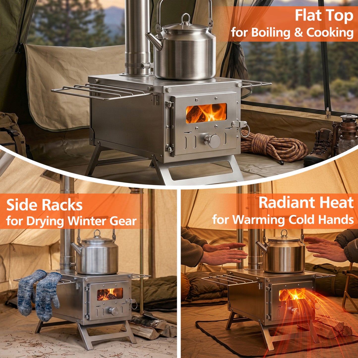 Portable Wood Burning Stove, 7 Chimney Pipes, Spark Arrestor, Silver