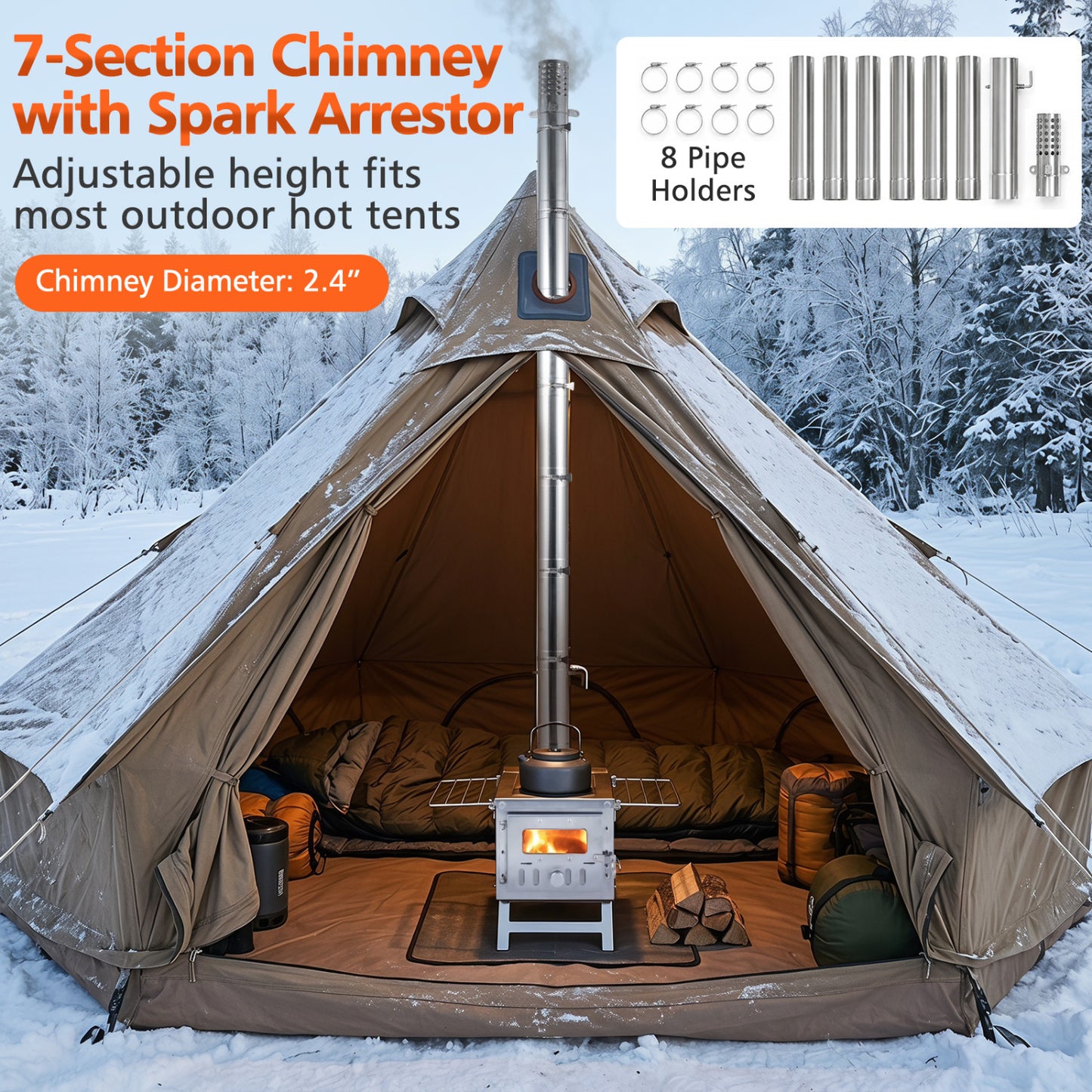 Portable Wood Burning Stove, 7 Chimney Pipes, Spark Arrestor, Silver