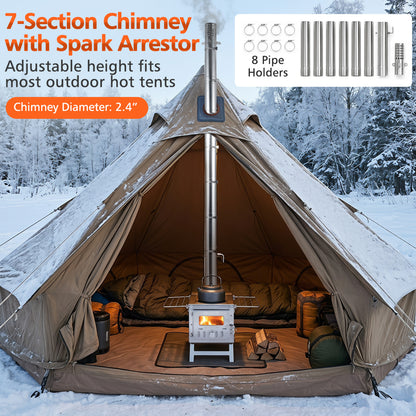 Portable Wood Burning Stove, 7 Chimney Pipes, Spark Arrestor, Silver