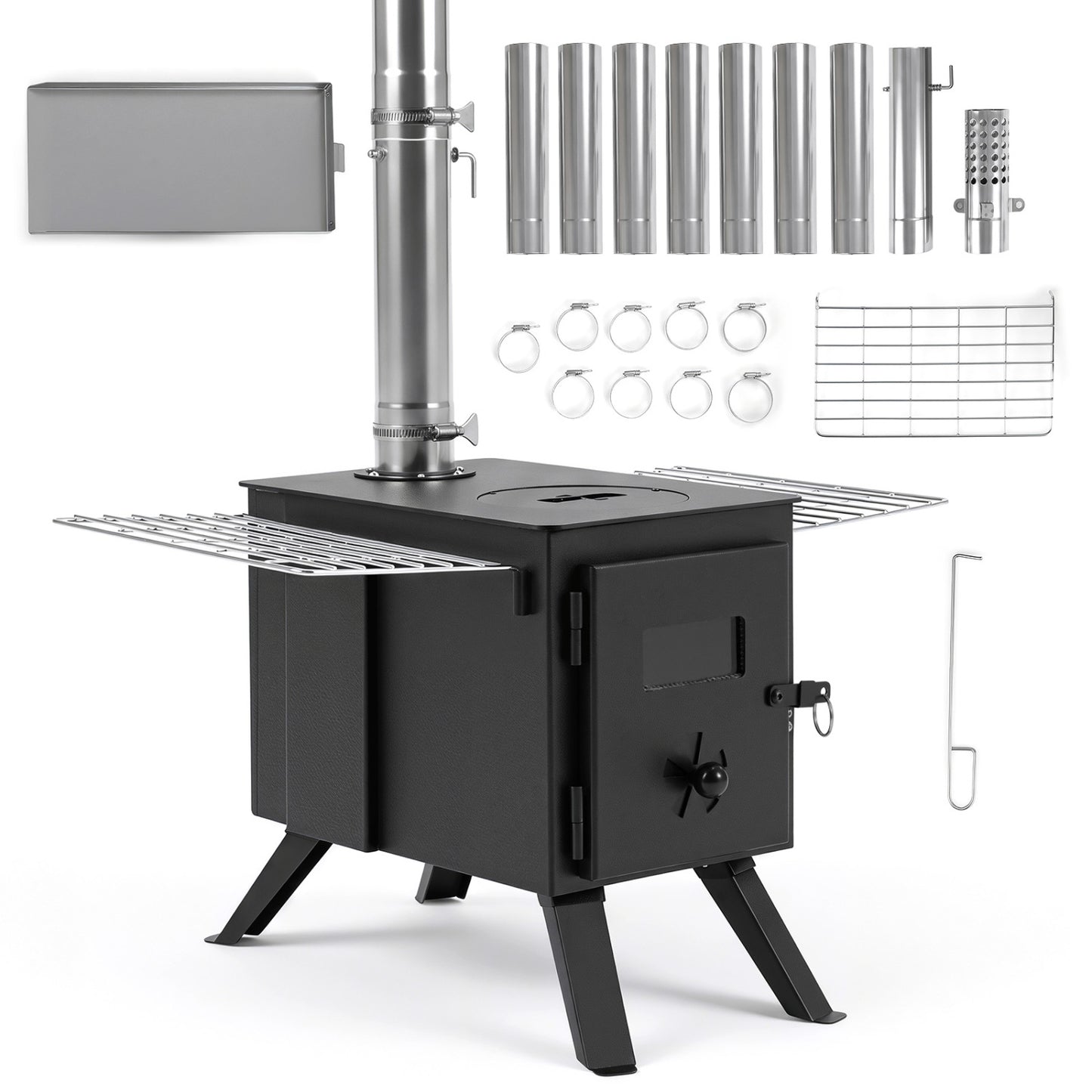 Hot Tent Stove With Ash Tray, 8.4 Ft, Black