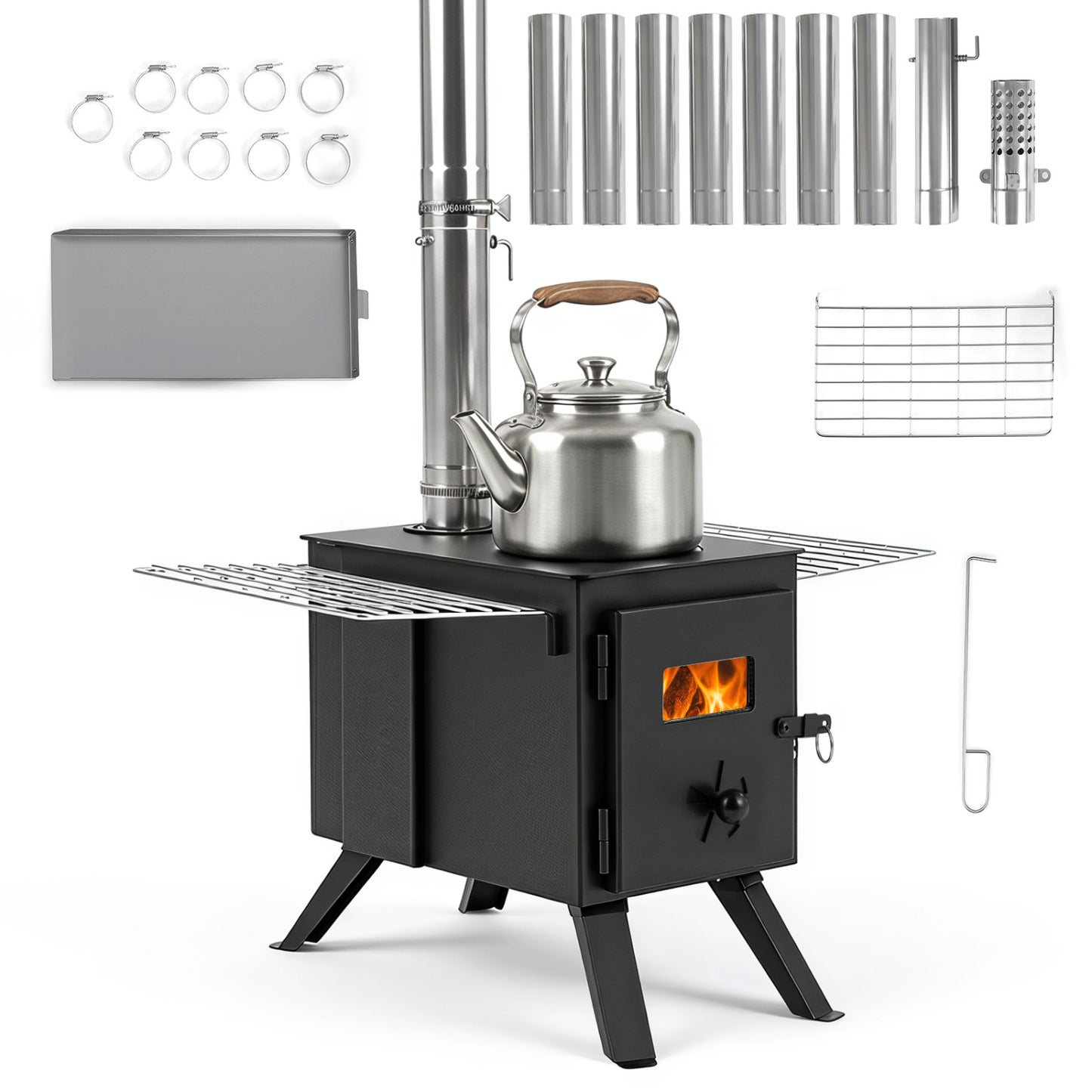 Hot Tent Stove With Ash Tray, 8.4 Ft, Black