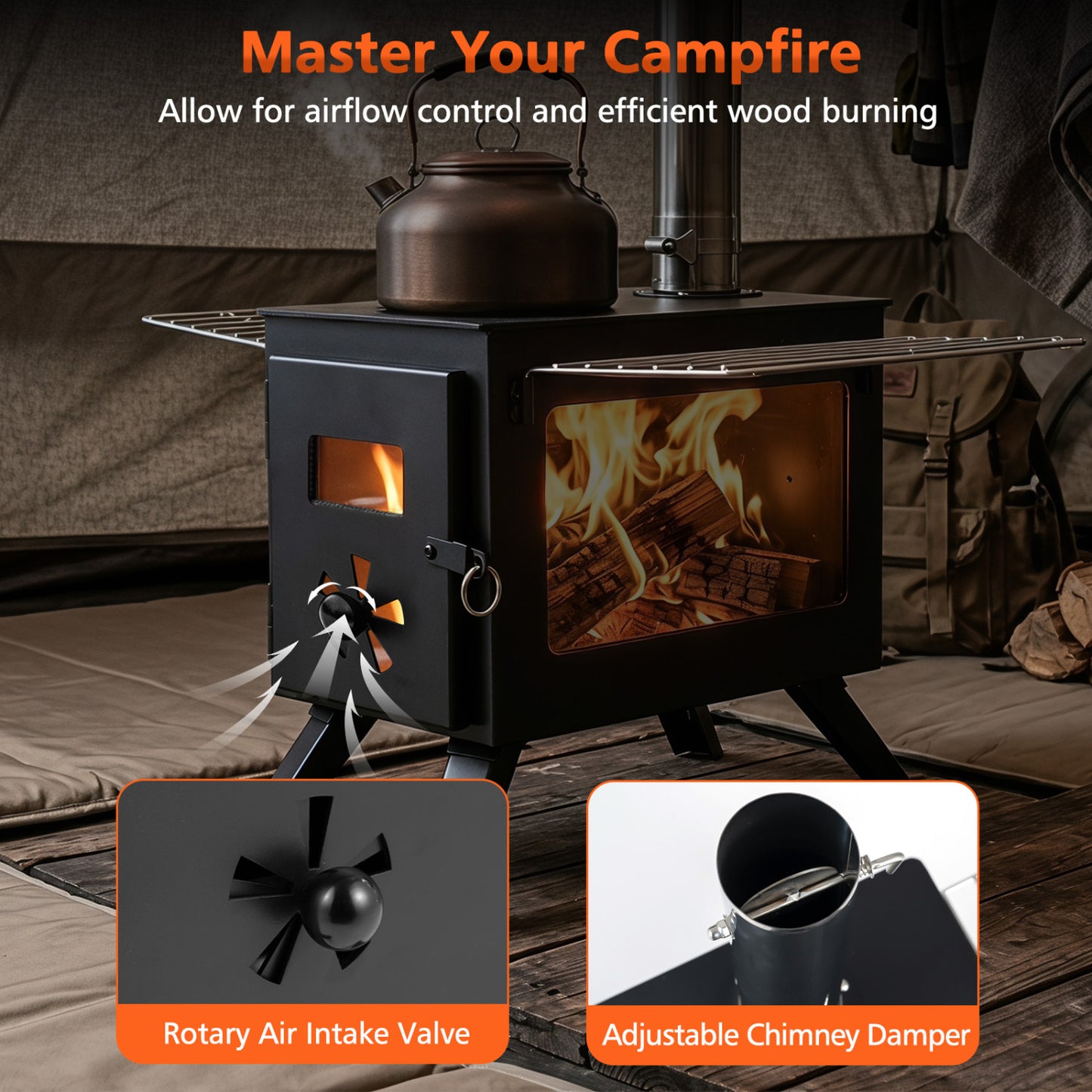Hot Tent Stove With Ash Tray, 8.4 Ft, Black