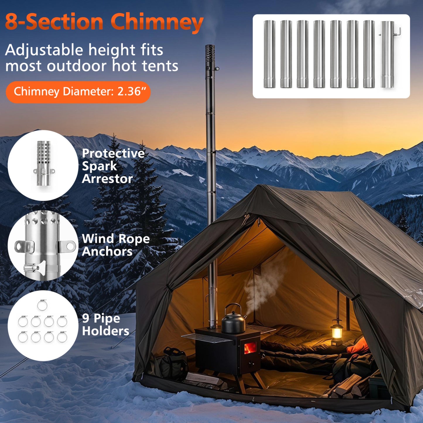 Hot Tent Stove With Ash Tray, 8.4 Ft, Black