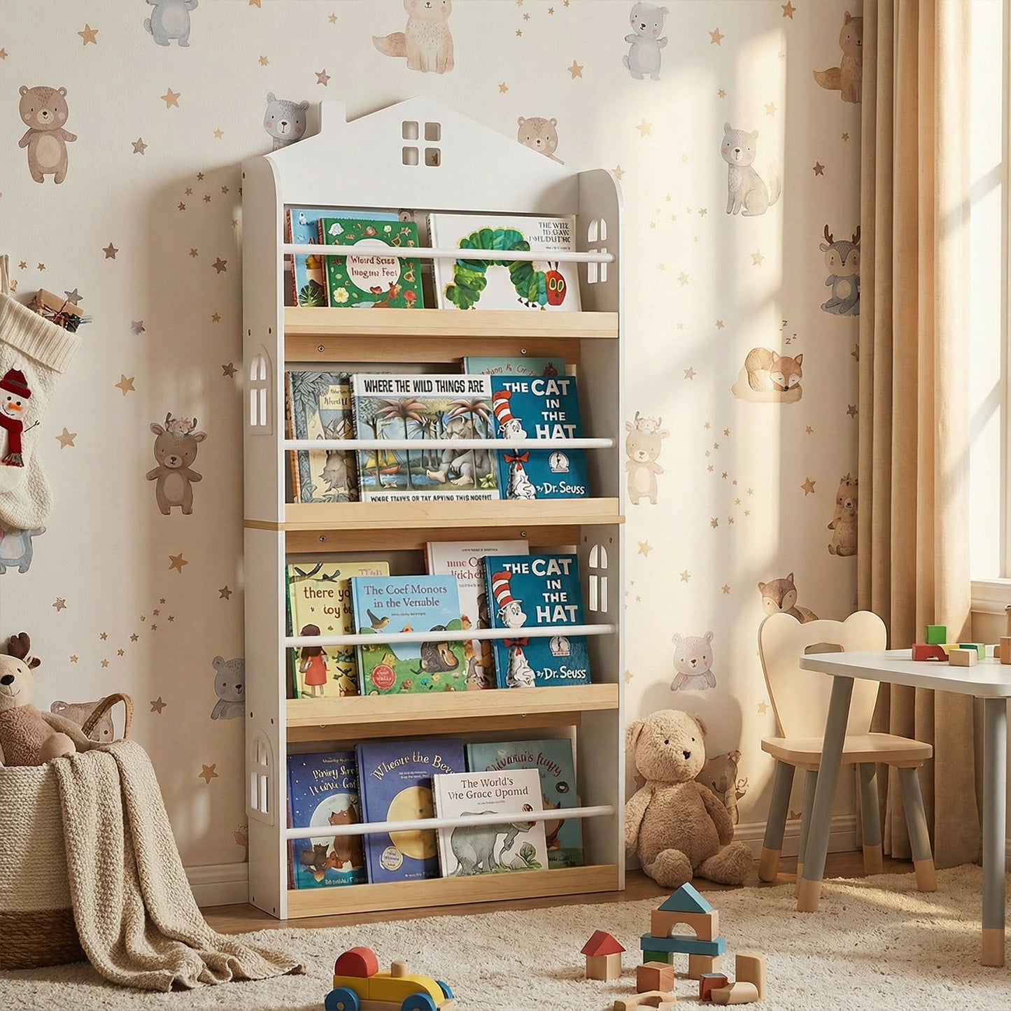 House-Shaped Kids Bookshelf with Anti-falling Baffles, White