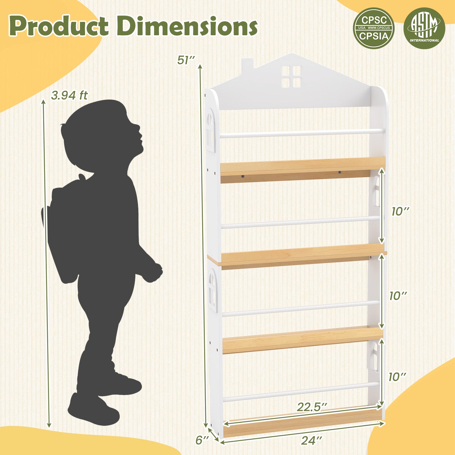 House-Shaped Kids Bookshelf with Anti-falling Baffles, White