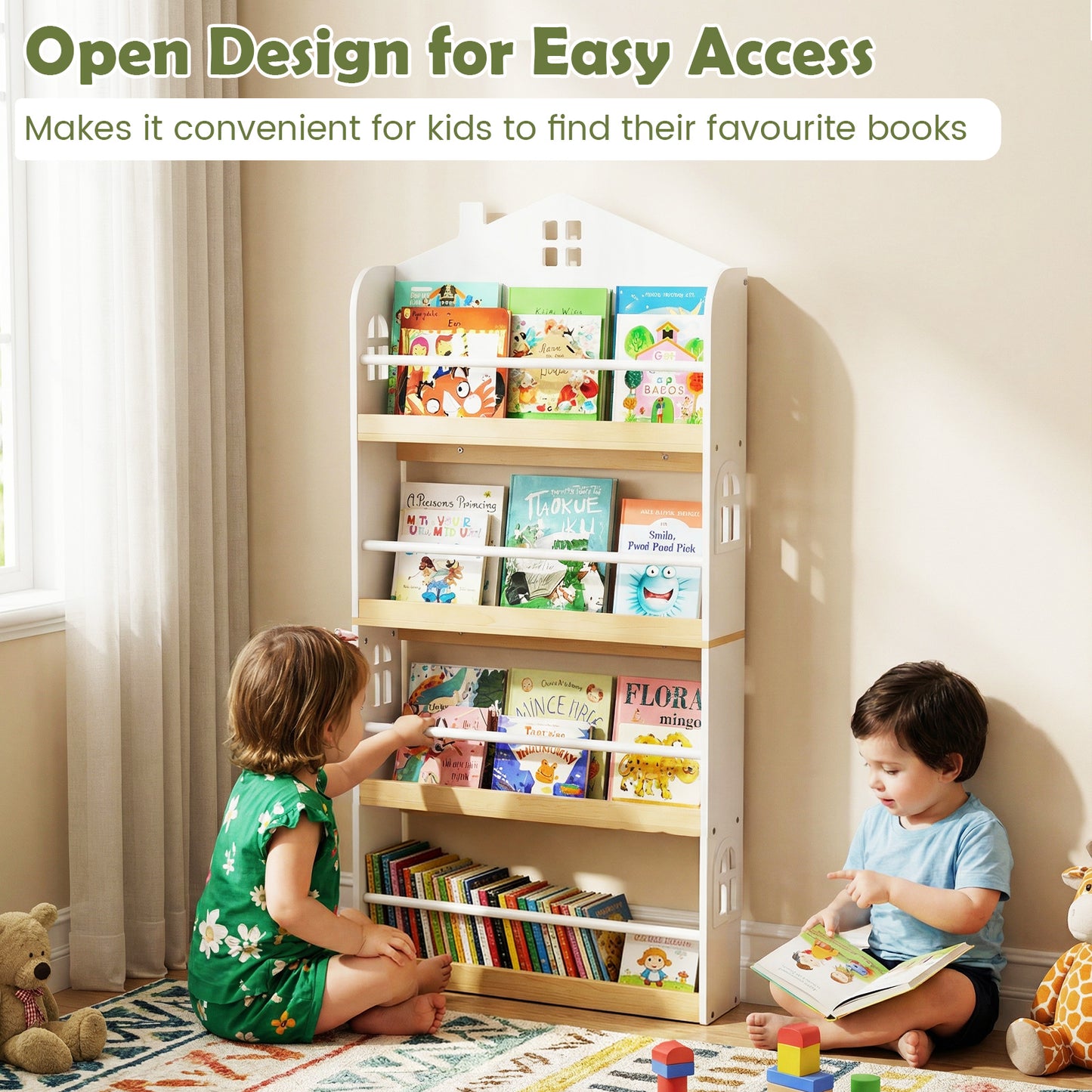 House-Shaped Kids Bookshelf with Anti-falling Baffles, White