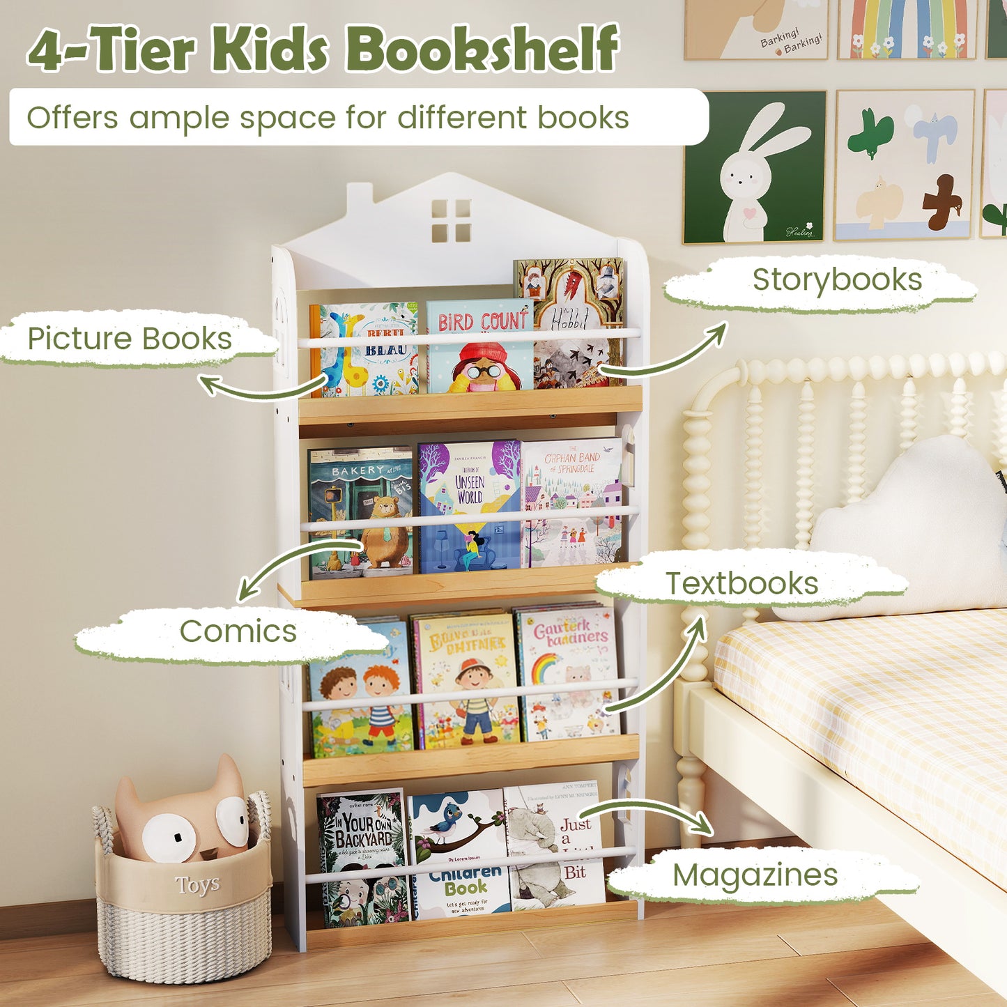 House-Shaped Kids Bookshelf with Anti-falling Baffles, White Kids Storage at Gallery Canada