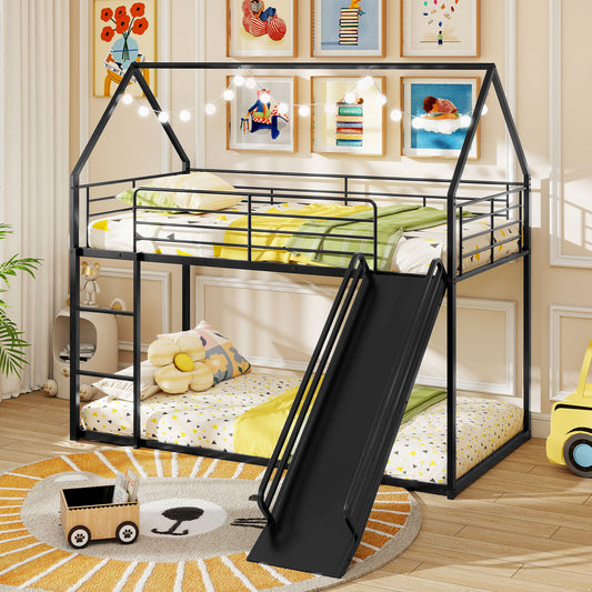 Metal Twin Over Twin Low Bunk Bed, House Shaped, Black Bunk Bed Frame Black at Gallery Canada