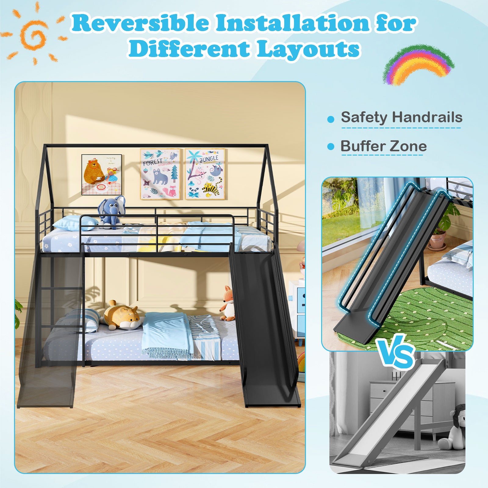 Metal Twin Over Twin Low Bunk Bed, House Shaped, Black Bunk Bed Frame at Gallery Canada