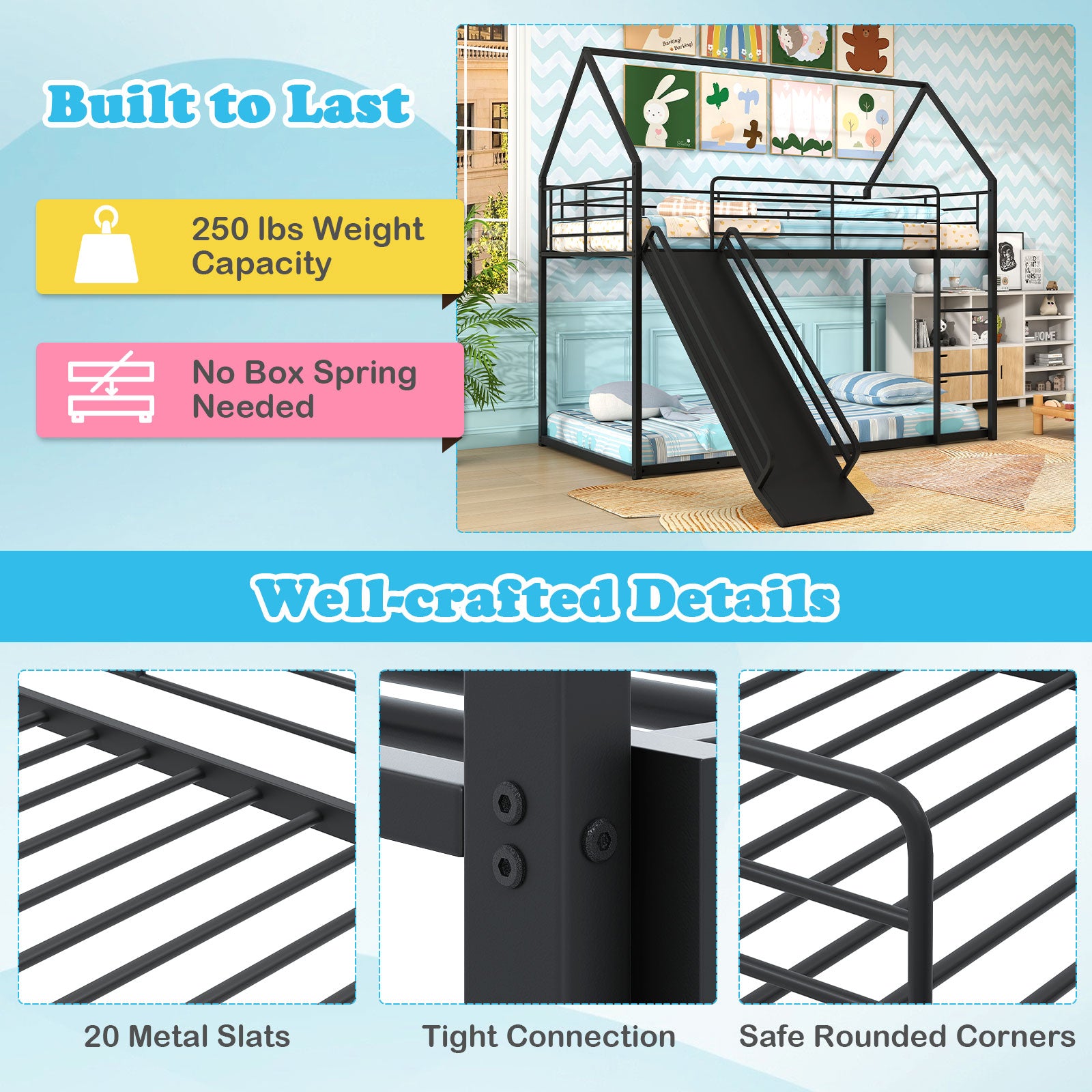 Metal Twin Over Twin Low Bunk Bed, House Shaped, Black Bunk Bed Frame at Gallery Canada