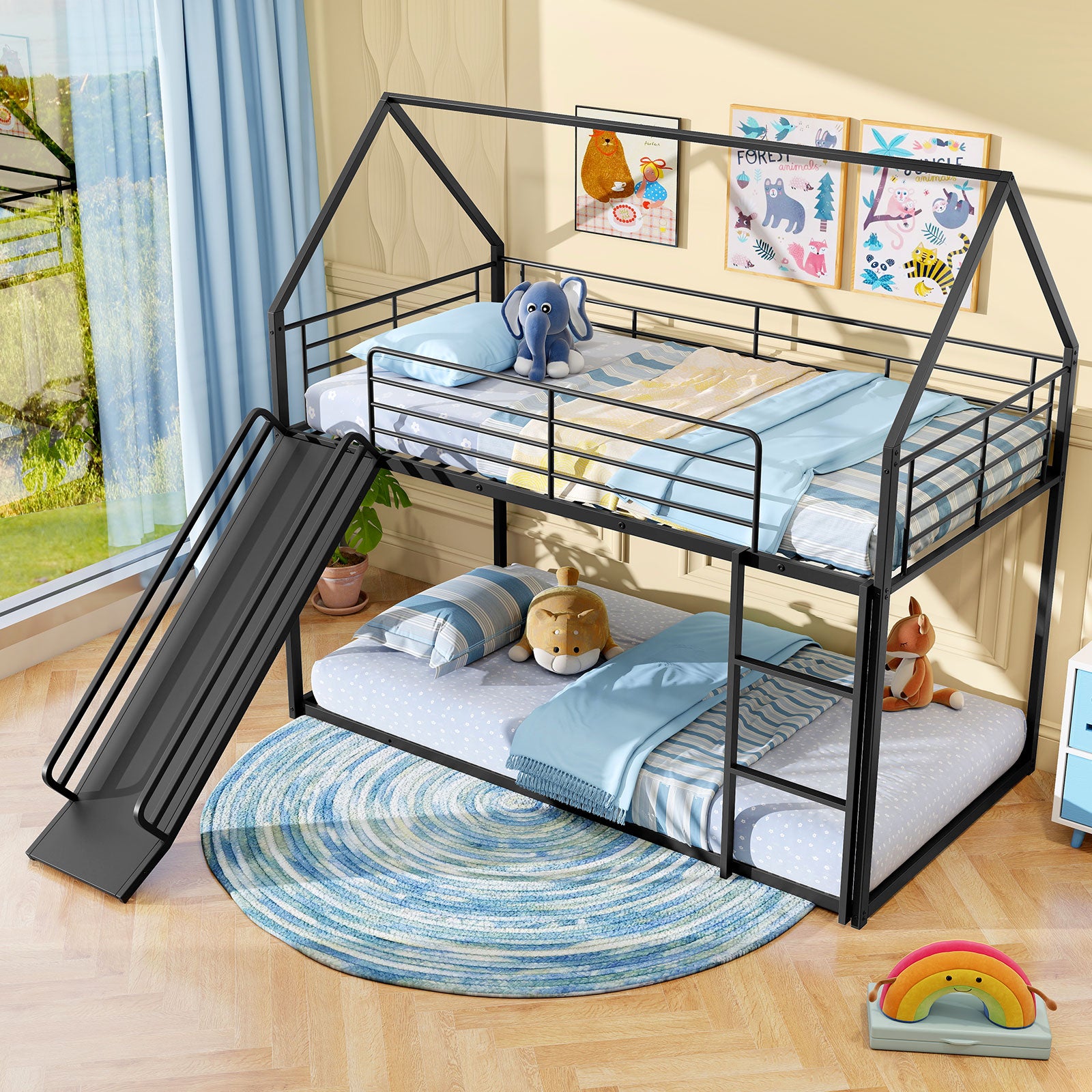 Metal Twin Over Twin Low Bunk Bed, House Shaped, Black Bunk Bed Frame at Gallery Canada