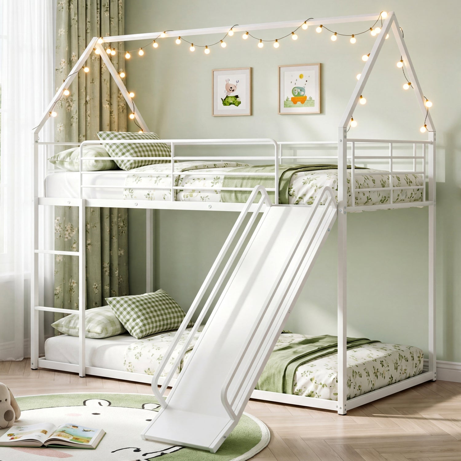 House-Shaped Metal Twin Over Twin Low Bunk Bed, White Bunk Bed Frame at Gallery Canada
