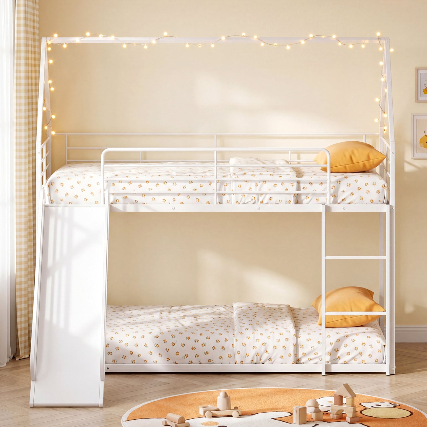 House-Shaped Metal Twin Over Twin Low Bunk Bed, White Bunk Bed Frame at Gallery Canada