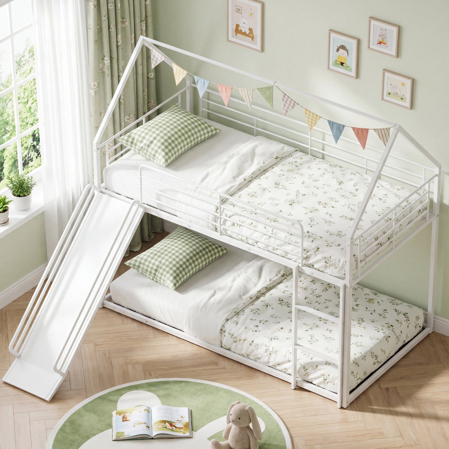 House-Shaped Metal Twin Over Twin Low Bunk Bed, White Bunk Bed Frame at Gallery Canada