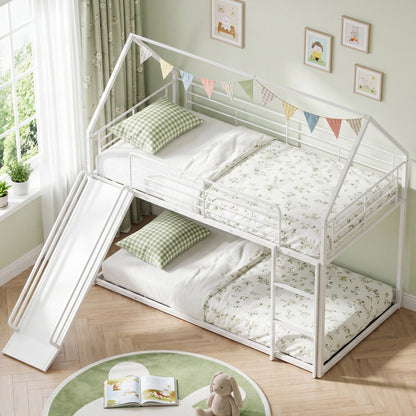 House-Shaped Metal Twin Over Twin Low Bunk Bed, White Bunk Bed Frame at Gallery Canada