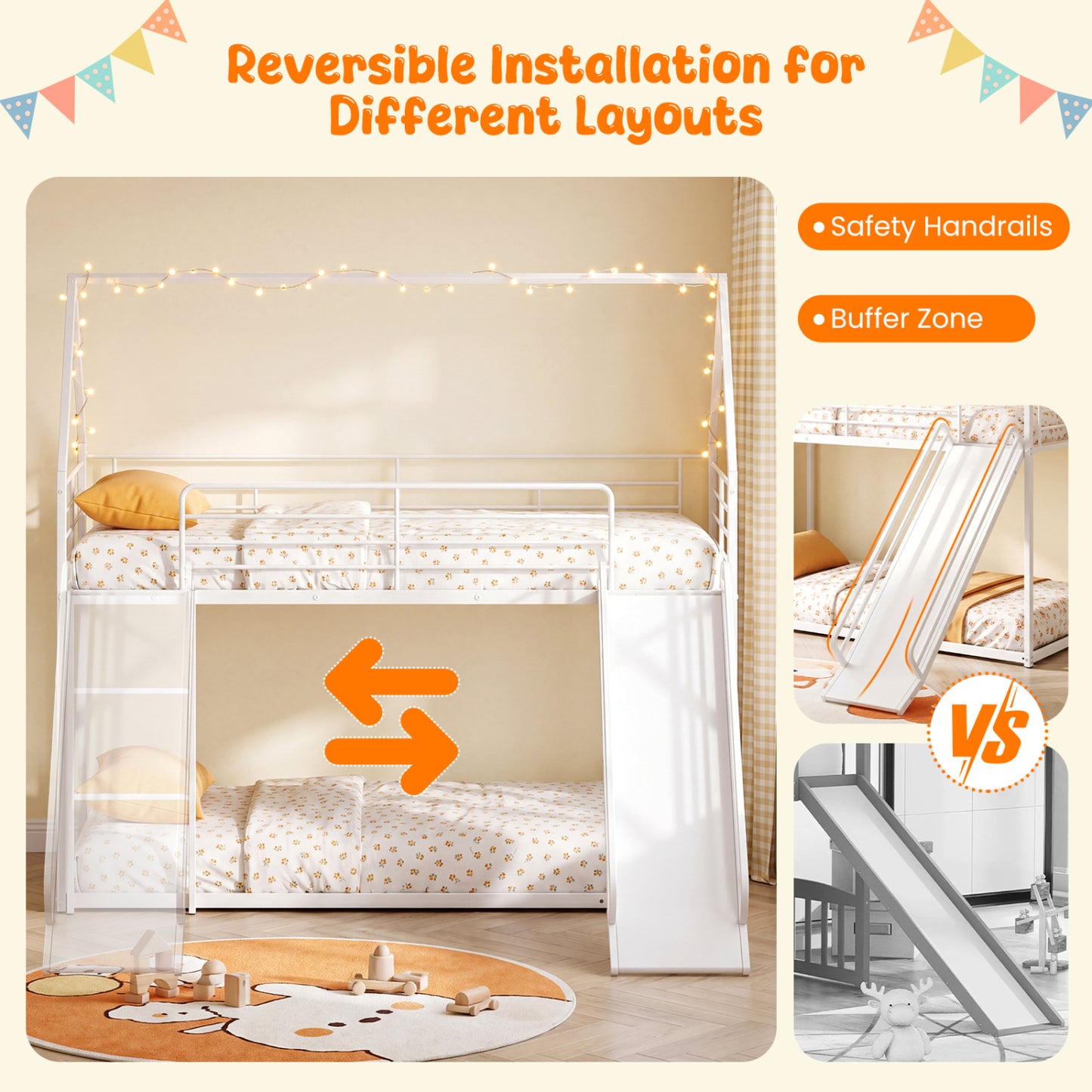 House-Shaped Metal Twin Over Twin Low Bunk Bed, White Bunk Bed Frame at Gallery Canada