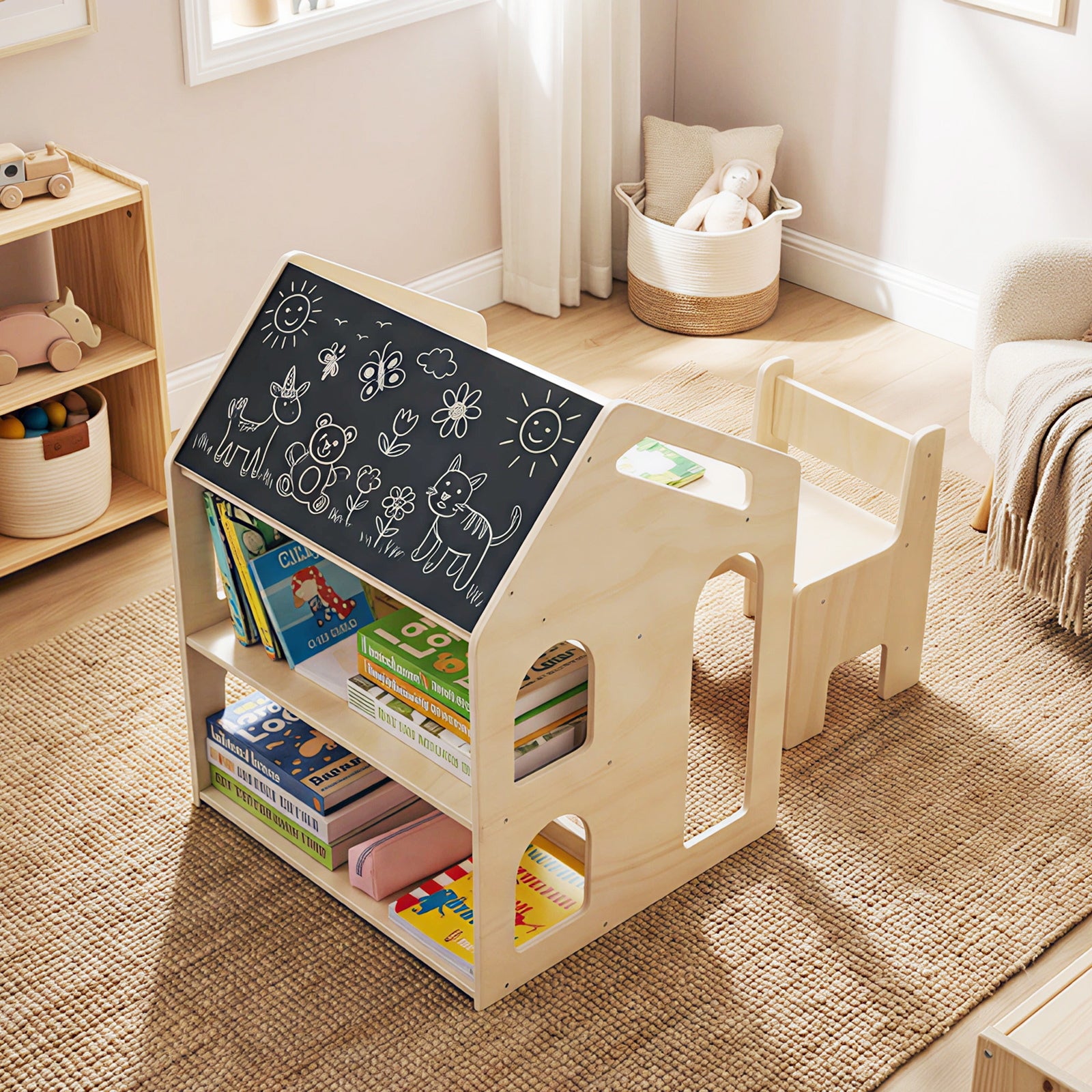 House-shaped Wooden Activity Kids Table Chair Set, Natural Art Easels at Gallery Canada