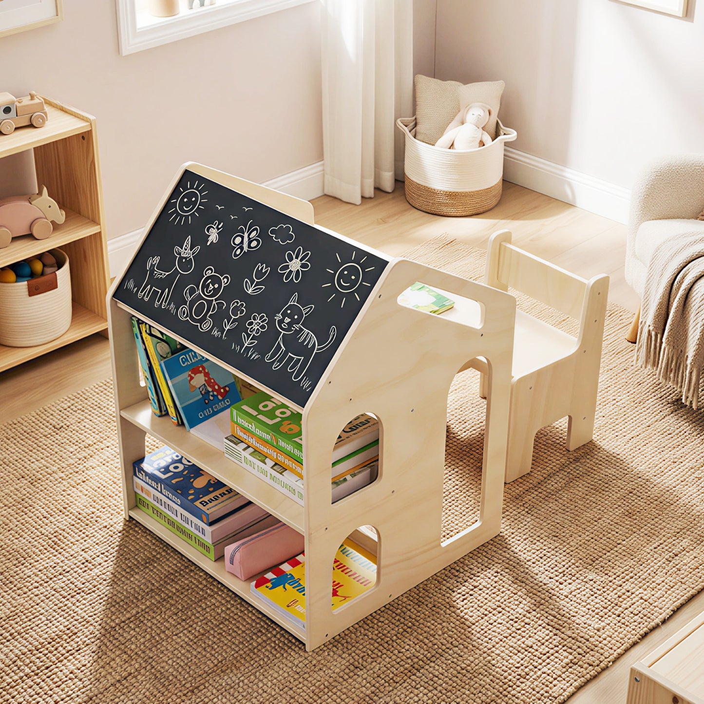 House-shaped Wooden Activity Kids Table Chair Set, Natural Art Easels at Gallery Canada
