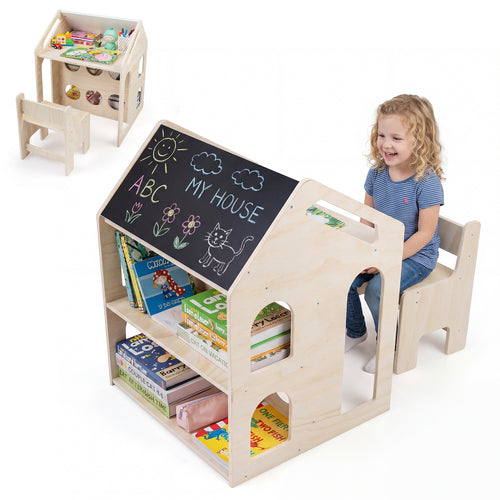 House-shaped Wooden Activity Kids Table Chair Set, Natural