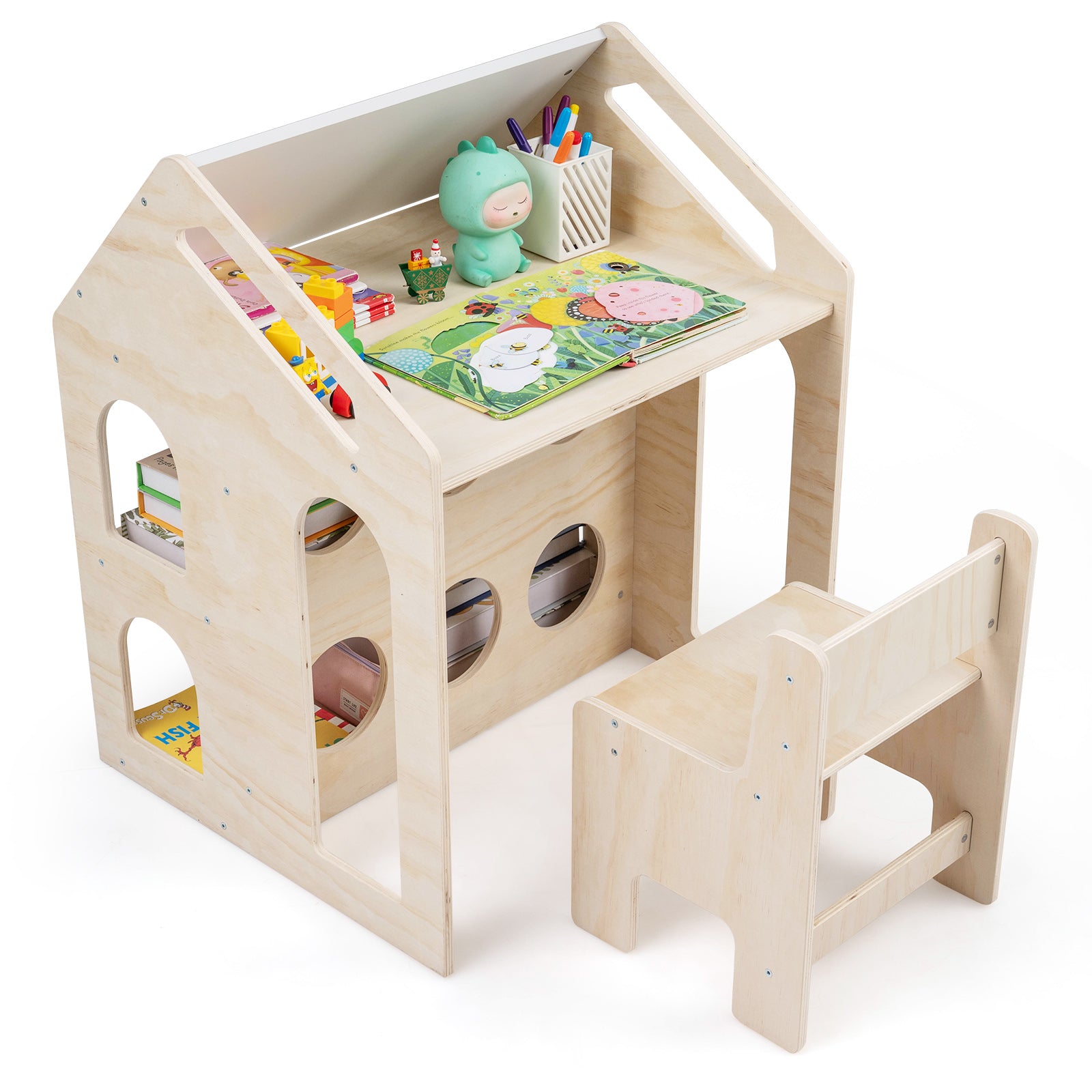 House-shaped Wooden Activity Kids Table Chair Set, Natural Art Easels at Gallery Canada