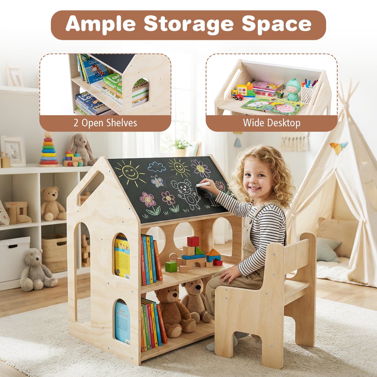 House-shaped Wooden Activity Kids Table Chair Set, Natural Art Easels at Gallery Canada