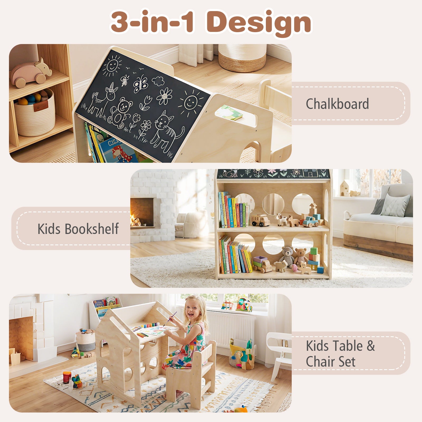 House-shaped Wooden Activity Kids Table Chair Set, Natural Art Easels at Gallery Canada