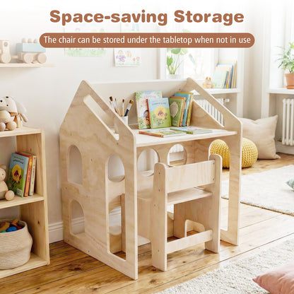 House-shaped Wooden Activity Kids Table Chair Set, Natural Art Easels at Gallery Canada