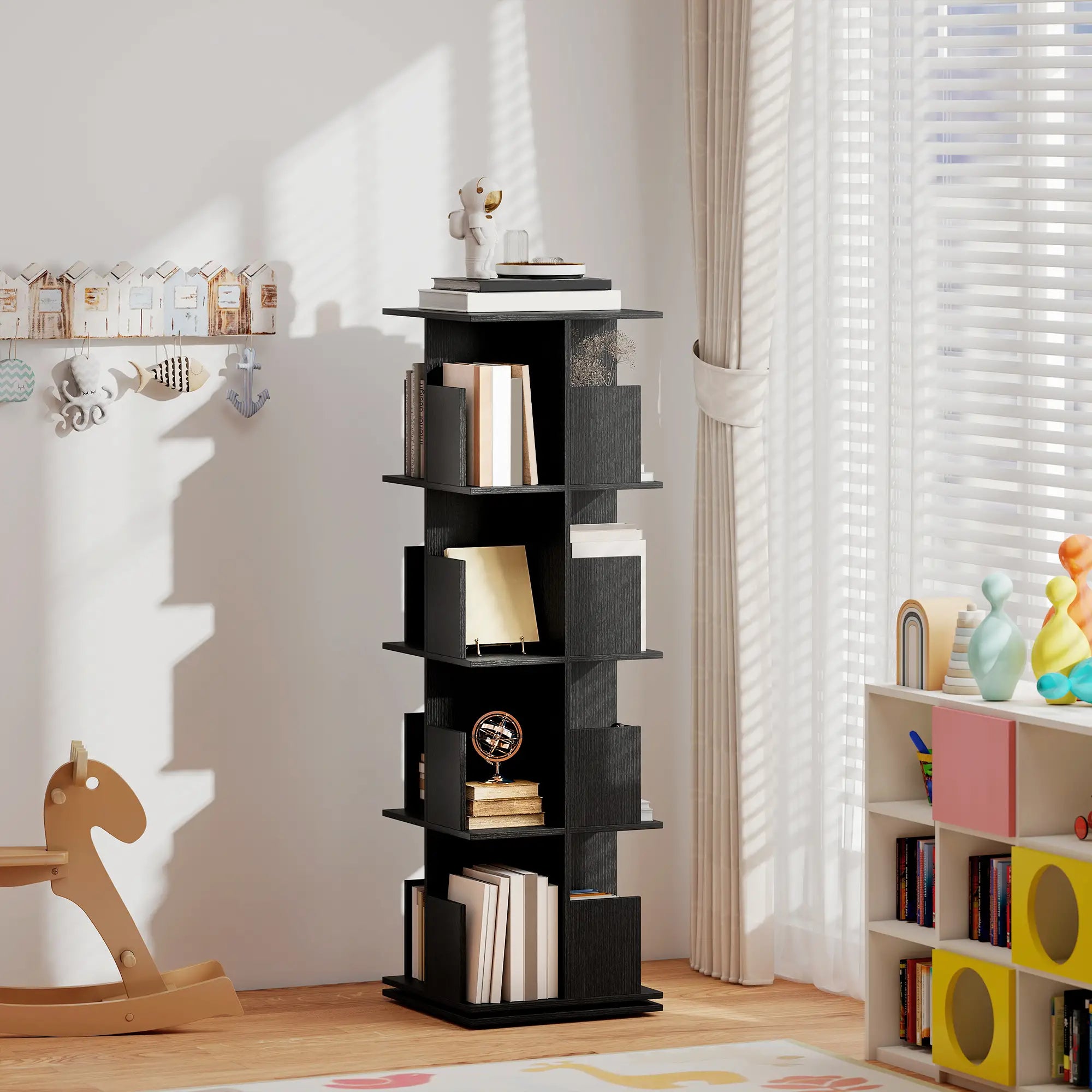 360° Rotating Bookcase, 4 Tier Bookshelf with 16 Cubbies, Black Wood Grain, Black Display Bookshelves at Gallery Canada