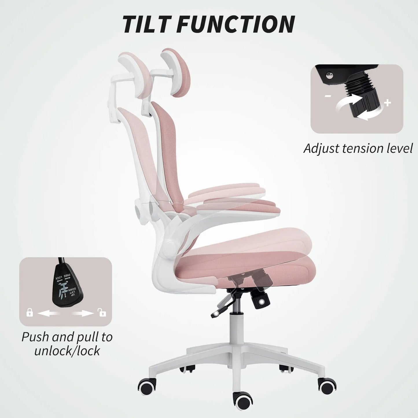 Ergonomic Mesh Office Chair, High Back, Rotatable Headrest, Flip-Up Armrests, Lumbar Support, Pink Task Chairs at Gallery Canada