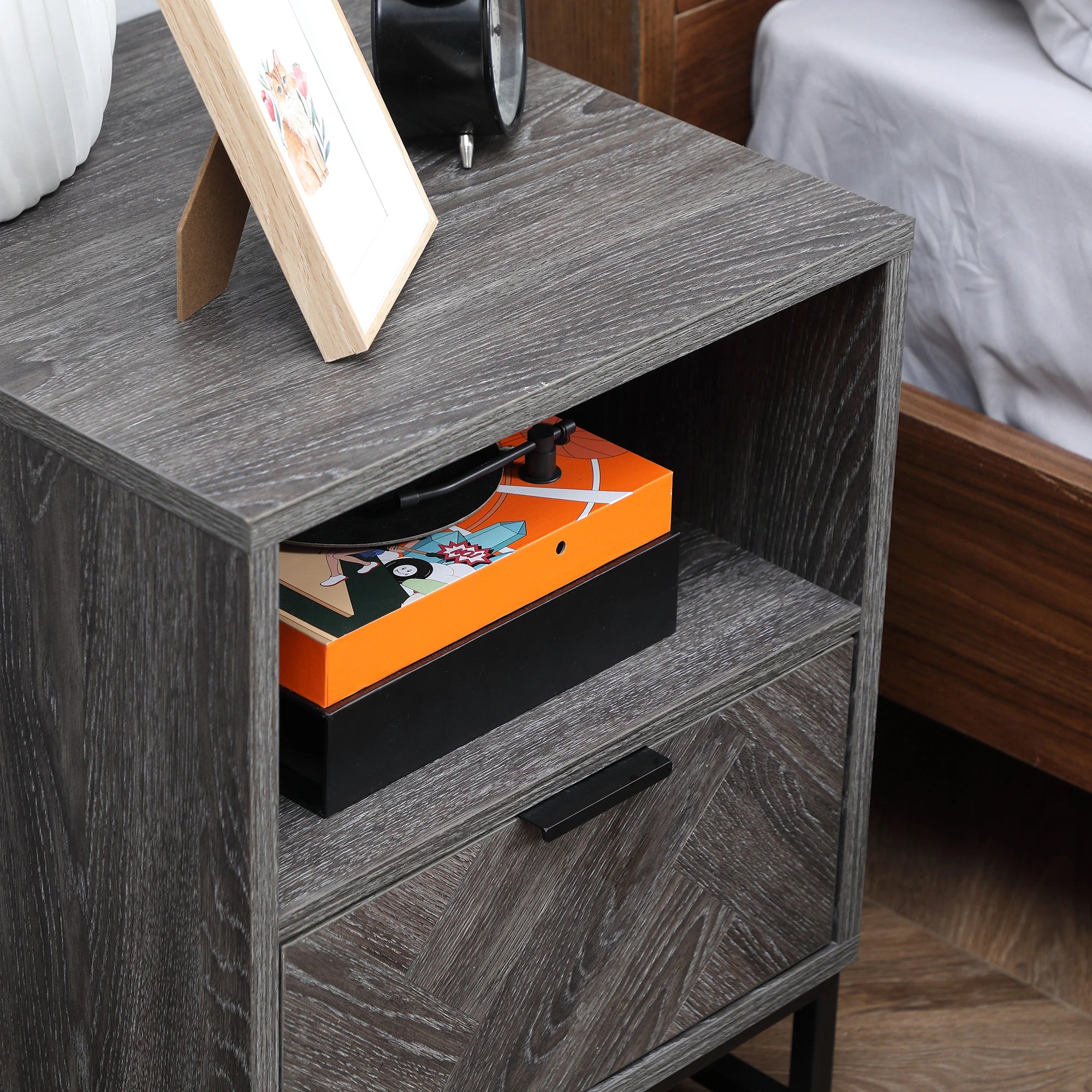 Modern Bedside Table with Drawer, Open Shelf, Dark Grey Bedside Tables at Gallery Canada