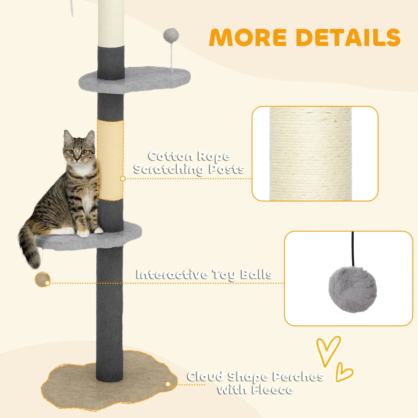 88.5"-100.5" Floor to Ceiling Cat Tree, Scratching Posts, Cloud Platforms, Dangling Balls, Grey Floor to Ceiling Cat Trees at Gallery Canada
