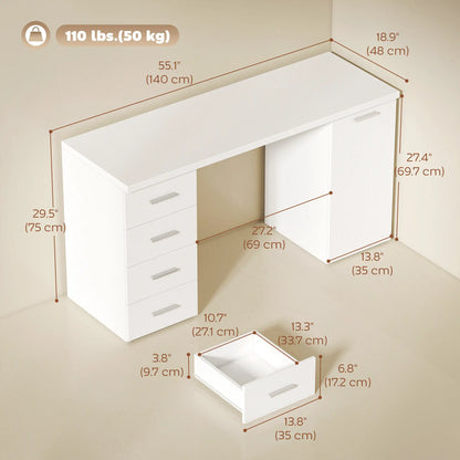 140 cm Computer Desk, Adjustable Shelf, Drawers, Cabinet, White Wood Grain, White Computer Desks at Gallery Canada
