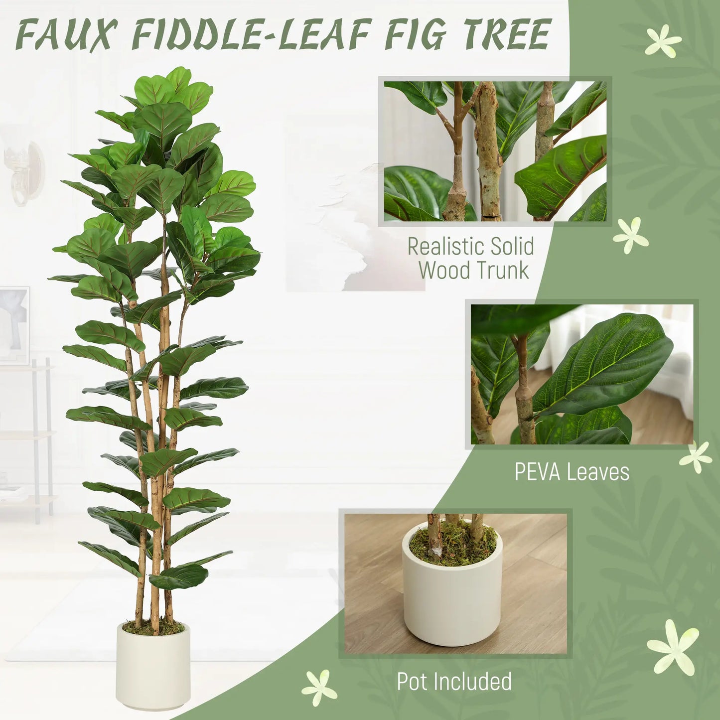 6FT Artificial Fiddle Leaf Fig Tree, Fake Potted Tree, Green Artificial Trees at Gallery Canada