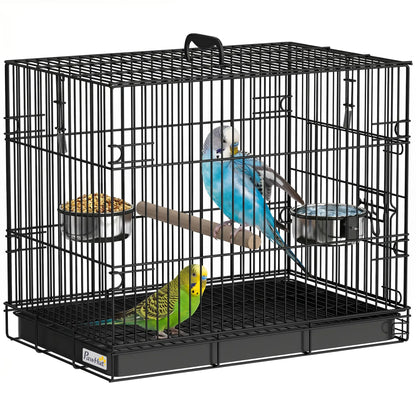 Bird Cage Portable w/ Slide-Out Tray Travel Cage for Parakeets w/ Perch &; Food Bowls Black
